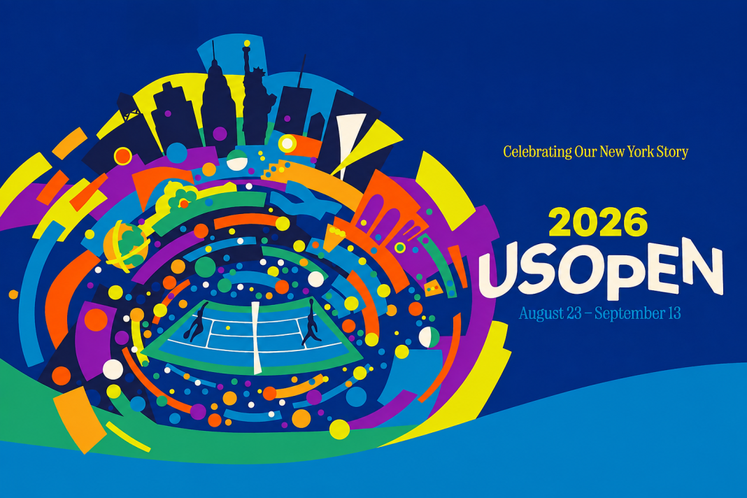 US Open 2026 у Нью-Йорку — тенісний корт на яскравій тематичній ілюстрації