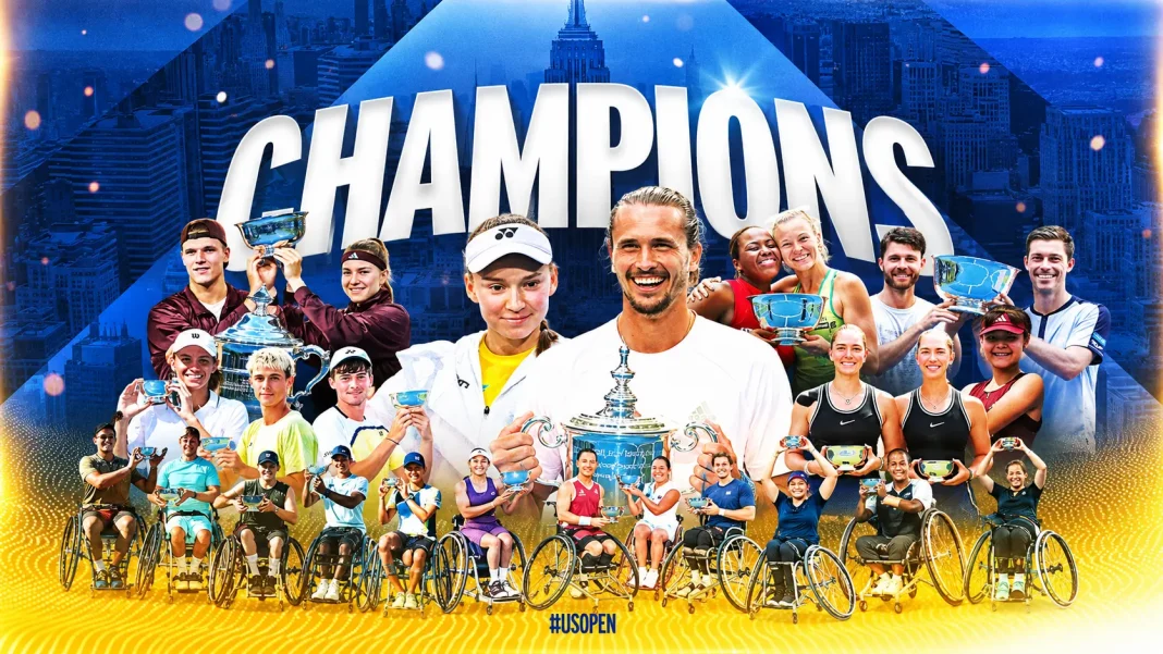 Чемпіони US Open з тенісними трофеями на тлі Нью-Йорка