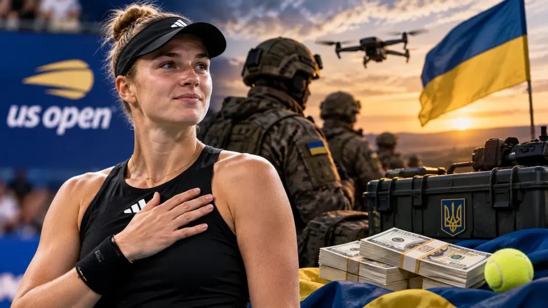 Олександра Олійникова та українські військові на тлі символів допомоги ЗСУ
