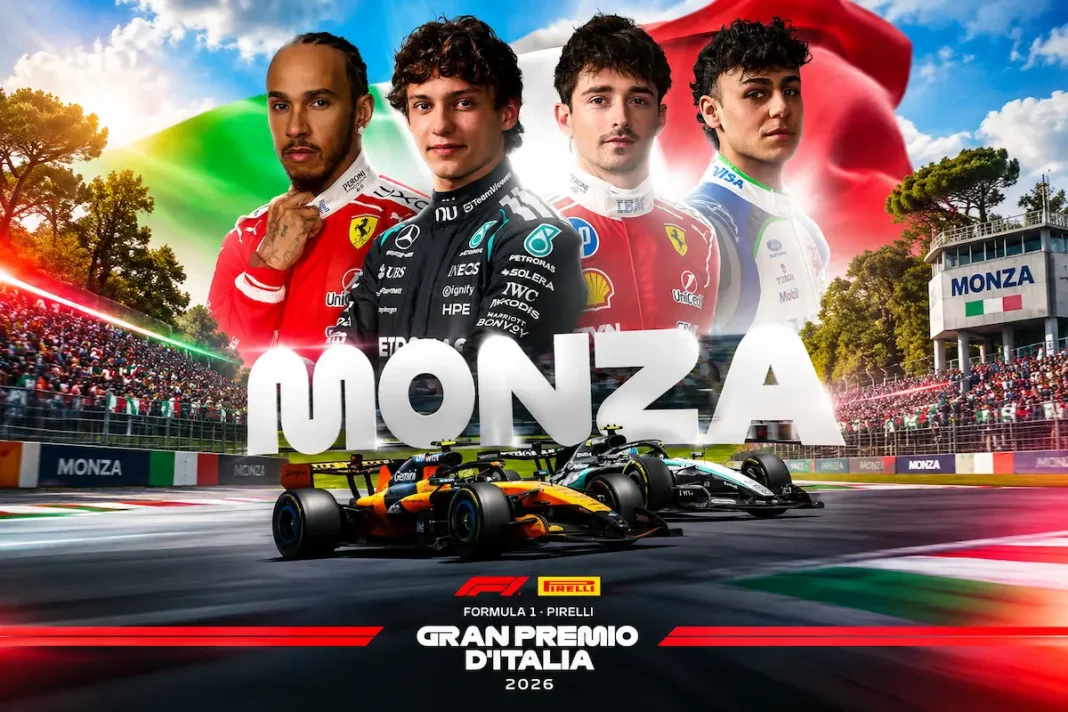 Чотири пілоти Формули-1 на тлі автодрому Монца перед Гран-прі Італії