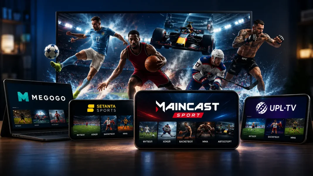 Екрани з інтерфейсами спортивних стримінгових платформ MEGOGO, Setanta Sports, Maincast Sport та UPL.TV на тлі різних видів спорту.