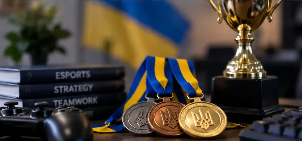 Кіберспортивні медалі з тризубом, кубок і геймпад на тлі прапора України.